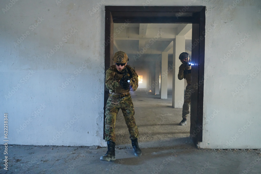 A group of professional soldiers bravely executes a dangerous rescue mission, surrounded by fire in a perilous building. A group of professional soldiers bravely executes a dangerous rescue mission, surrounded by fire in a perilous building.