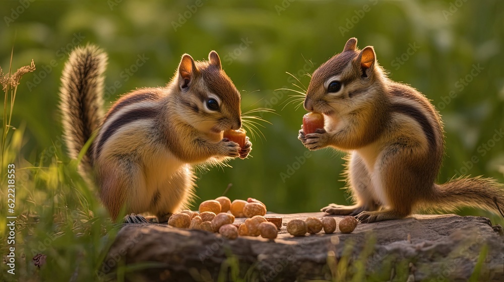 Tiny chipmunks busily filling their cheeks with nuts. These industrious creatures demonstrate