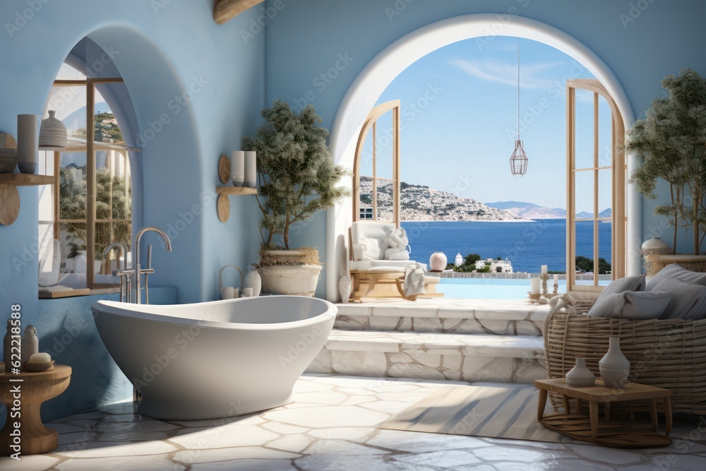 Elegant and Spacious Bathroom in a Greek Island Villa with Luxury Design, a freestanding bathtub