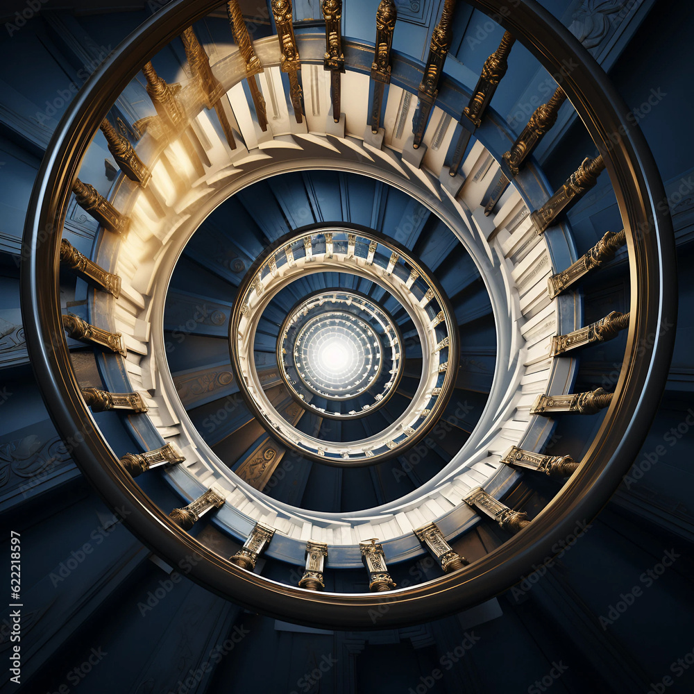 Spiral staircase in the church with blue and white concept Generative AI