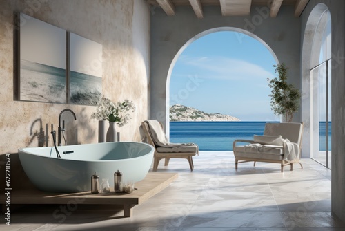 Elegant and Spacious Bathroom in a Greek Island Villa with Luxury Design, a freestanding bathtub © aboutmomentsimages