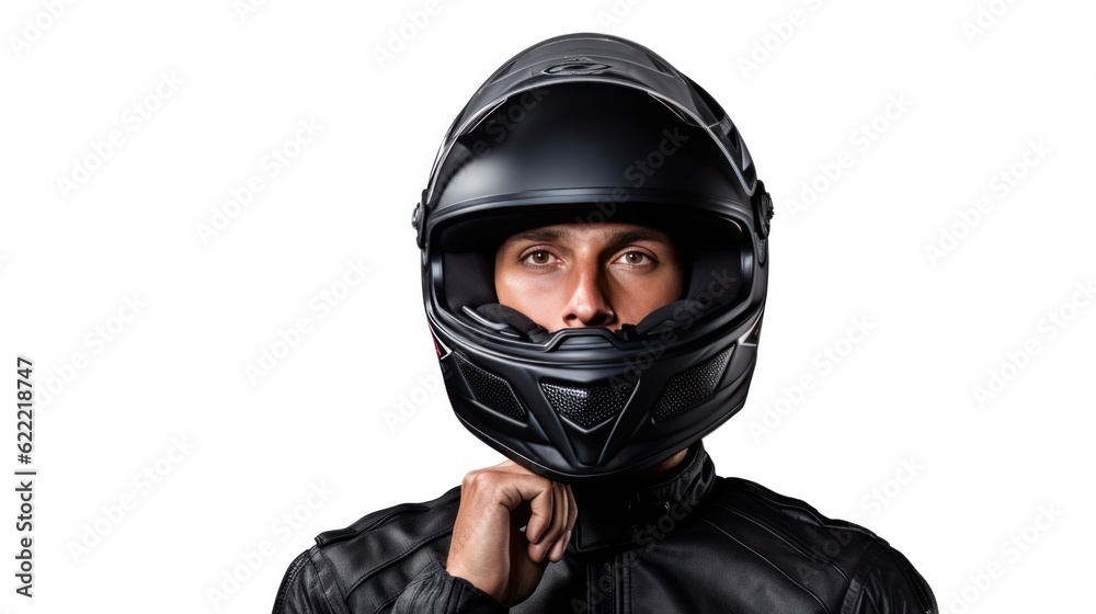 Portrait of a motorcycle rider posing with a black helmet on a white background. Portrait of a motorcycle rider posing with a black helmet on a white background.