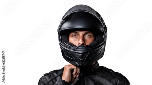 Portrait of a motorcycle rider posing with a black helmet on a white background. © Pro Hi-Res