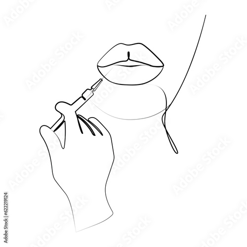 Beauty injection in lips logo icon emblem design line drawing. Plastic and aesthetic surgery. Hyaluronic acid syringe.lip augmentation One line drawing vector illustration