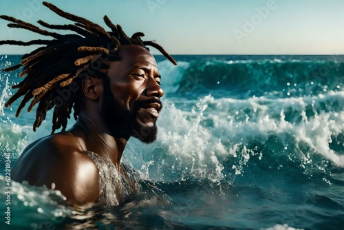 Digital illustration of a black rasta man swimming in the ocean. (AI-generated fictional illustration) 