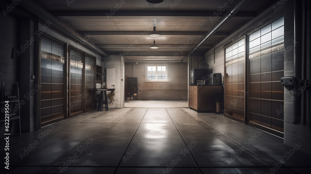 Generative AI of an old factory building interior with door and windows