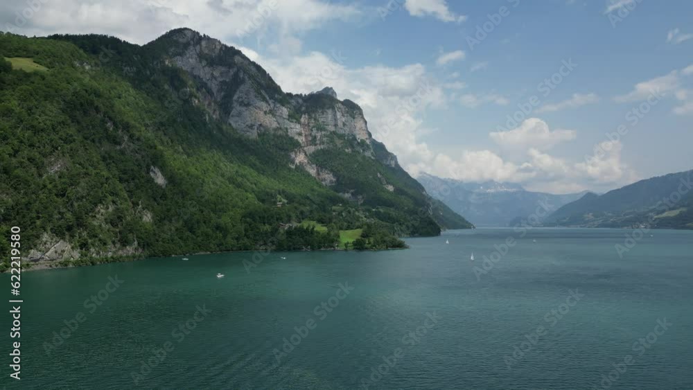 Aerial forward view of lake in a mountain landscape. Walensee, Switzerland Aerial forward view of lake in a mountain landscape. Walensee, Switzerland