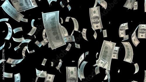 3D dollar animation, money notes are falling and forming rain effect, black background good for overlays with alpha matte blending, concept of throwing a substantial amount of paper money. photo