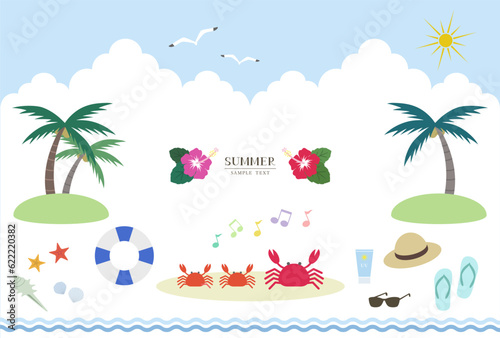 カニと夏のビーチ　イラスト素材セット / vector eps