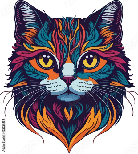 Colorful cat face vibrant bold vivid colors t-shirt design vector illustrations. Neon cat expression