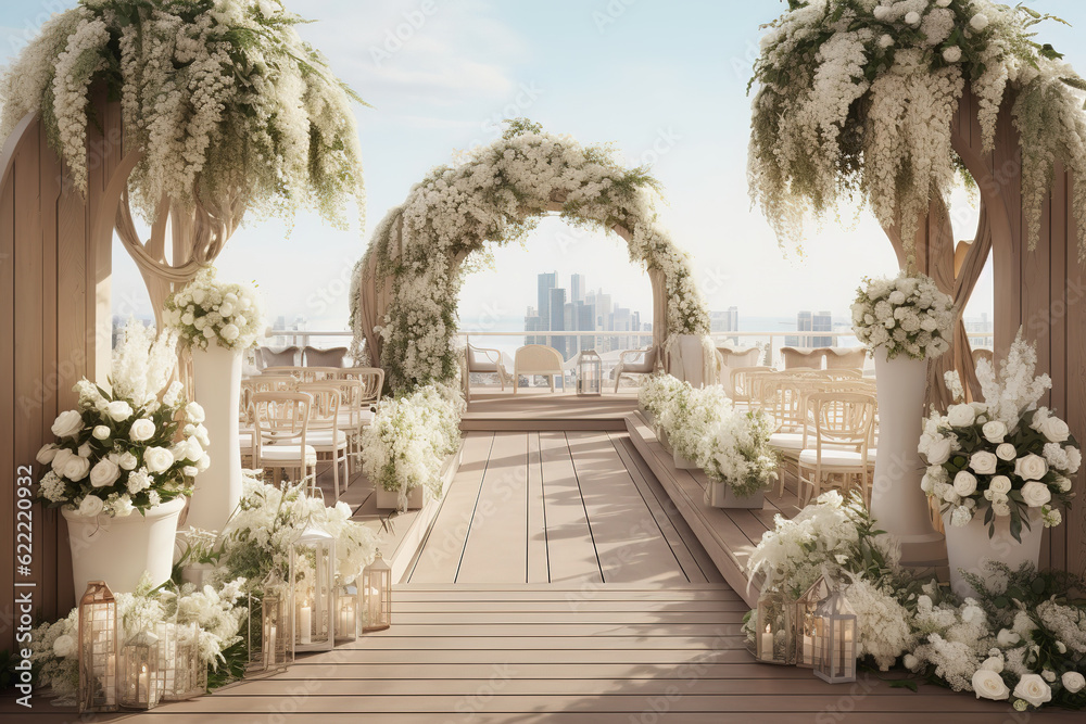 Naklejka premium Wedding venue with flower arch at at rooftop terrace with city view