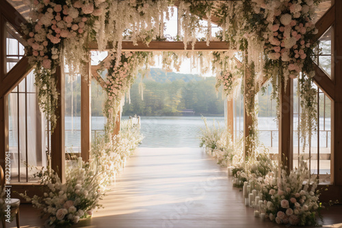 Fotografiet Amazing wedding venue with flower arch at lake resort