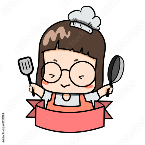 Cartoon chef with hold Turner and Pan with a label