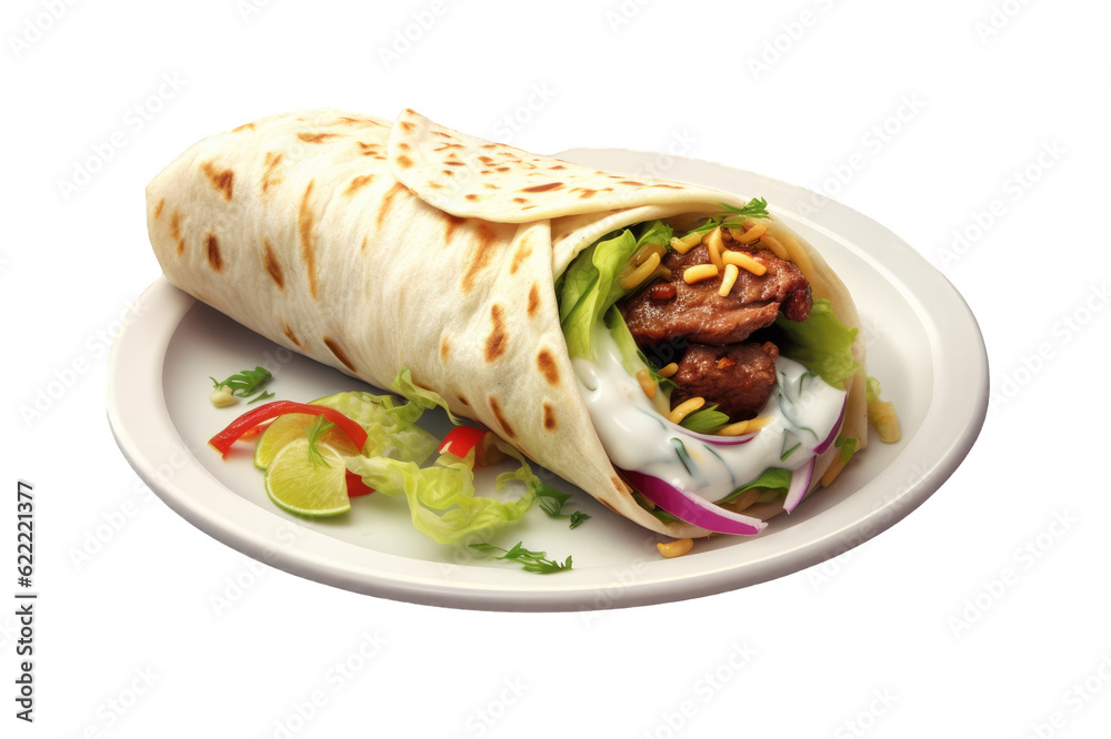 Typical Indian durum roll with meat on a white plate with lettuce, onion and yogurt sauce on a cutout PNG transparent background. Generative AI Typical Indian durum roll with meat on a white plate with lettuce, onion and yogurt sauce on a cutout PNG transparent background. Generative AI