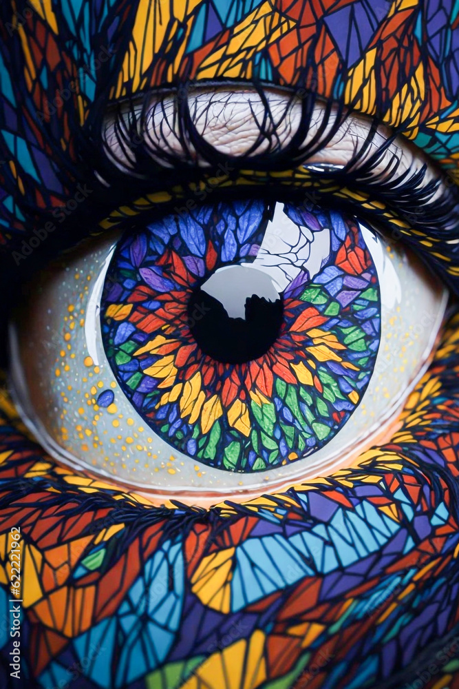 Abstract Eyes Vibrant Stain Glass Artwork with Mesmerizing Patterns, Ai Generative