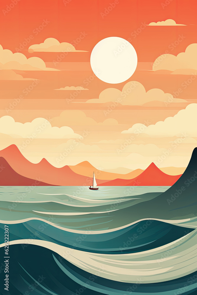 Sea, mountains, hills, sun, moon landscape, Paper cut style, Flat abstract design illustration