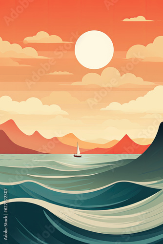 Sea  mountains  hills  sun  moon landscape  Paper cut style  Flat abstract design illustration