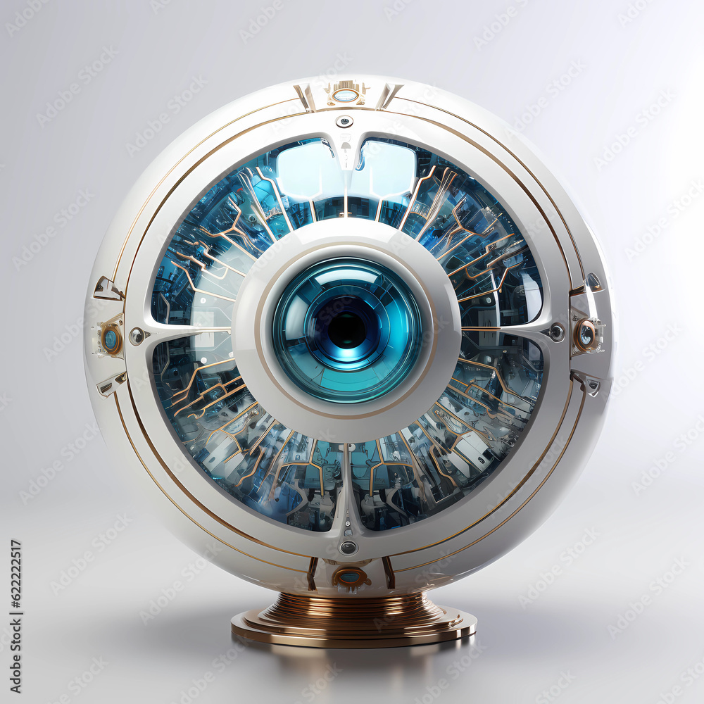 A spherical camera is aimed at the viewer