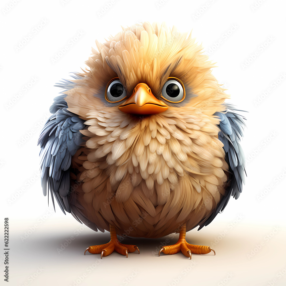 Angry chubby little cartoon bird looks at the camera