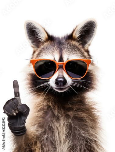Funny raccoon in sunglasses showing a rock gesture © Veniamin Kraskov