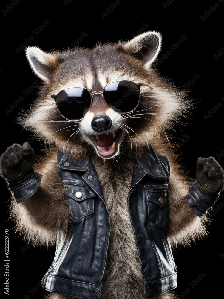 Funny raccoon in sunglasses showing a rock gesture