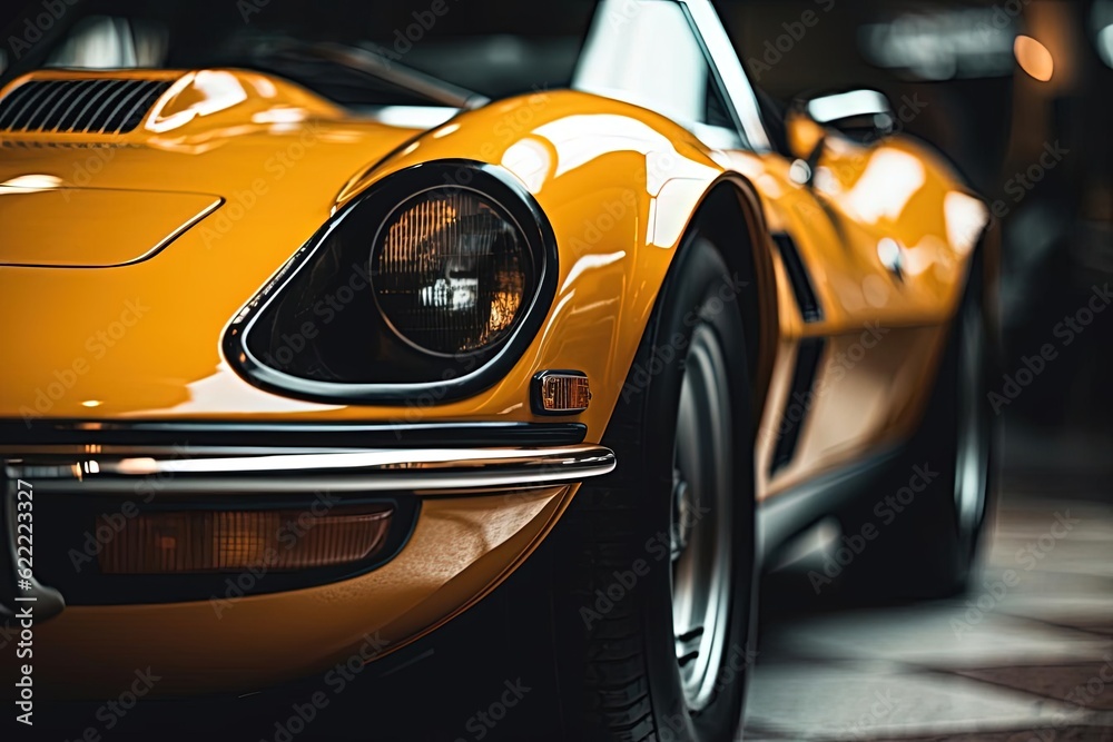 Φωτογραφία Yellow Sports Classic Car Parked in Garage - Vintage Macro Photograph with Super