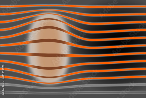 Geometric design of orange lines with the black background, orange oval geometric figure trying to pass through the mesh in a 3d shape. Abstract background concept for web,banner,wallpaper,poster.