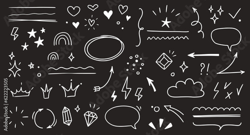 Sketch line arrow element, star, heart shape on chalkboard background. Hand drawn doodle sketch style circle, cloud speech bubble grunge element. Arrow, star, heart decoration. Vector illustration
