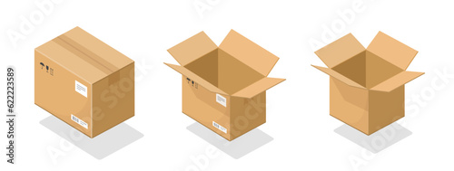 Box cardboard open empty blank 3d isometric set mockup graphic image clipart, carton paper parcel package icon vector brown illustration clipart image isolated