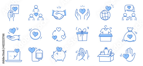 Charity hand, money, blood donation doodle line icon. Charity volunteer, support, blood donor concept icon set. Volunteer heart, donate food hand drawn doodle sketch style line. Vector illustration