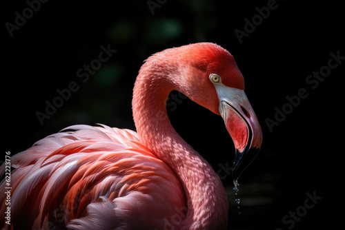 Close-up of pink flamingo bird with pink feathers on black background with copy space. Natural beautiful wallpaper with unusual bird. Generative AI professional photo imitation.
