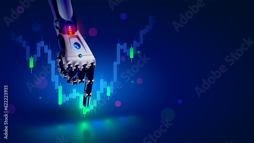 AI helps trader to analyze data on the securities trading stock exchange market. AI chatbot trade on forex. Robot for automation trade on fund stock market. Robot hand points financial business chart