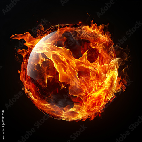 Burning sphere isolated on black background  fire ball