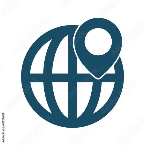 High quality dark blue flat location pin on world icon. Pictogram, icon set, illustration.