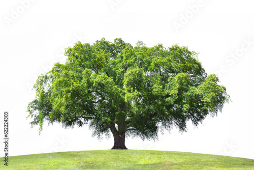 A last big green tree stands isolated in the middle of a hill meadow on a white background.AI generated
