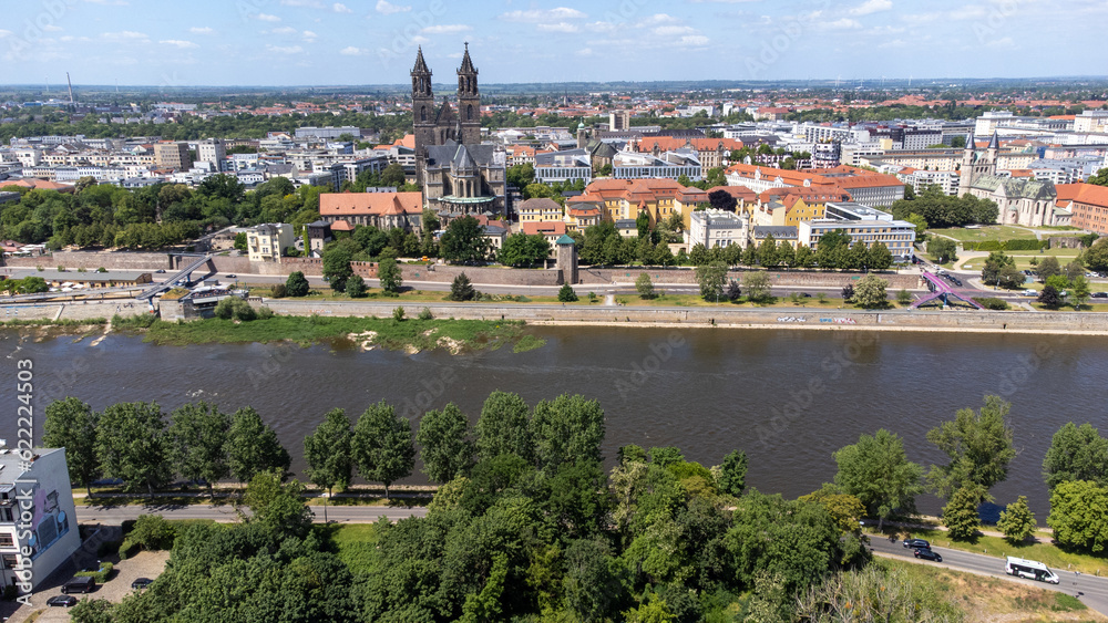 aerial view of the cathedral in magdeburg east germany
