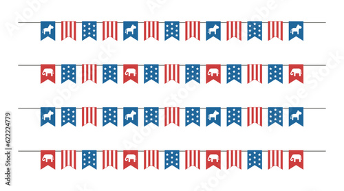 Bunting garland set with elephant, donkey and USA flag for election. Vector and PNG on transparent background.