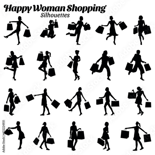 Vector set of silhouettes of happy women shopping