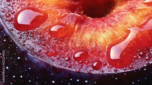 Generative AI, bright slice of juicy ripe plum and water drops, macro of summer fruit