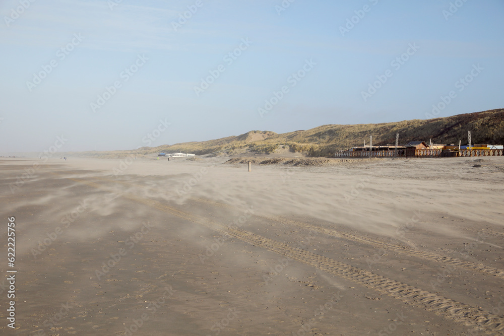 Bloemendaal Beach, sand blown by strong wind, Netherlands