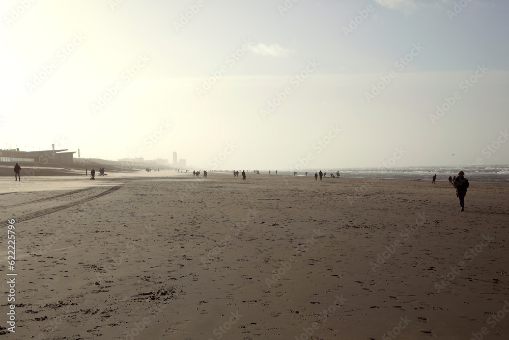 Light fog, silhouettes of people walking on the North Sea coast, Bloemendaal Beach, Netherlands. Light fog, silhouettes of people walking on the North Sea coast, Bloemendaal Beach, Netherlands.