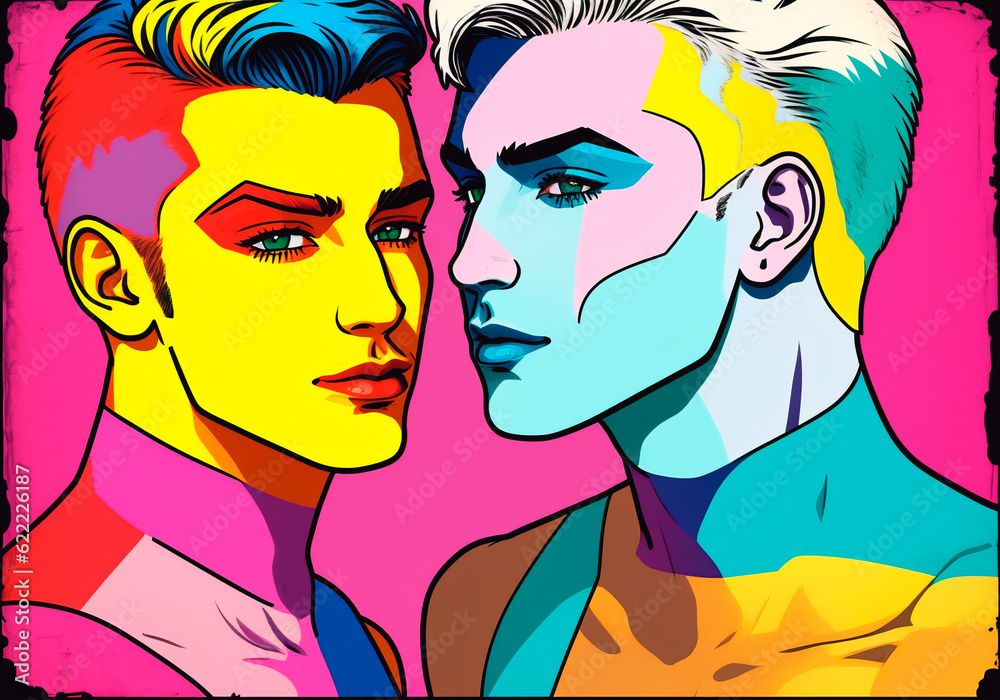 Pop art, gay men loving each other. The concept of LGBT. Generative AI. Pop art, gay men loving each other. The concept of LGBT. Generative AI.