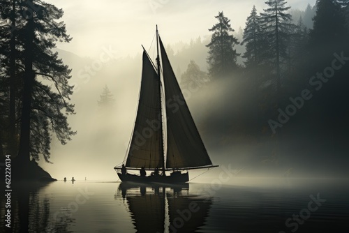 Whispered Whispers: A Mist-Draped Lake Unveils a Sailboat's Silhouette, Amidst a Forest's Towering Secrets Generative AI