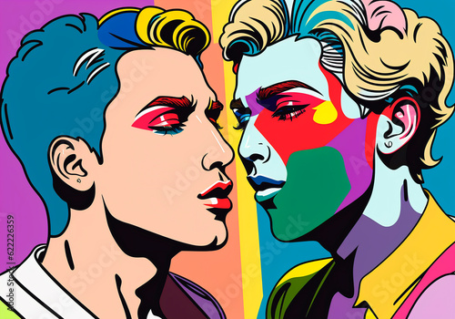 Pop art, gay men loving each other. The concept of LGBT. Generative AI.