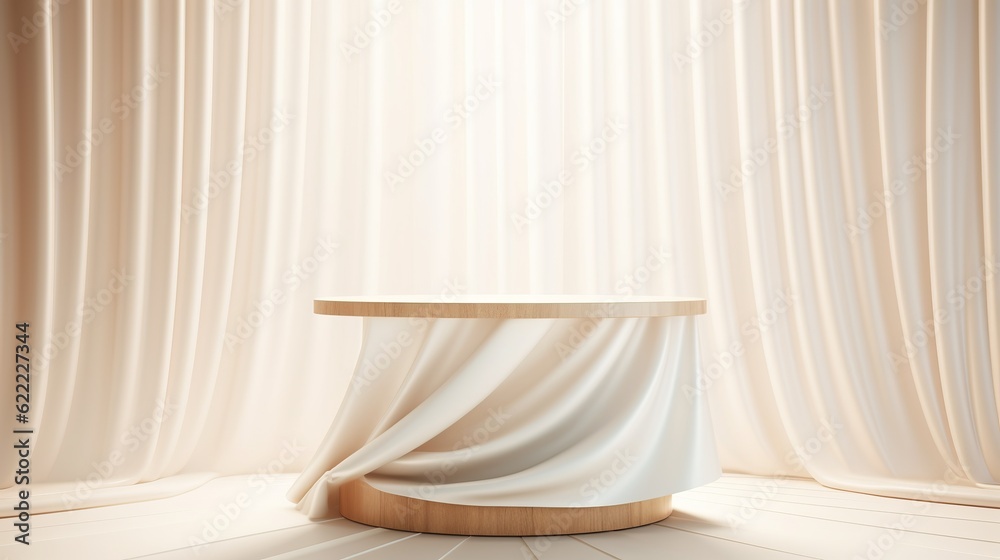 white curtains in a room with an empty table for product ads placement. Generative ai