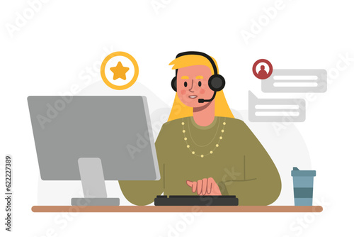Smiling woman consulting client, working in call center. Phone consultation, video calls, support and care. Make appointment by phone. Flat vector illustration in cartoon style