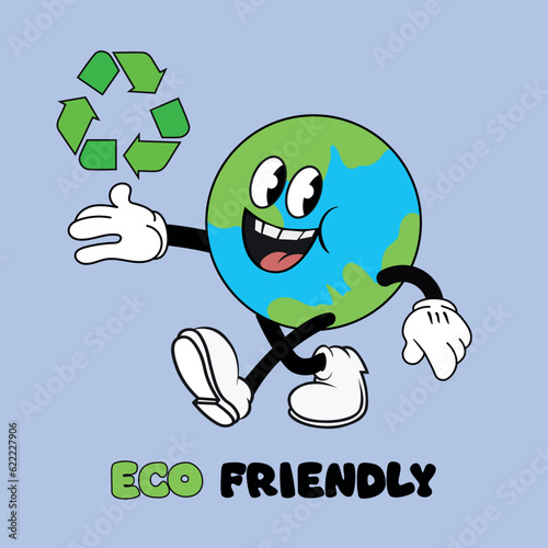 Vintage cartoon earth mascot holding recycling sign, text: eco friendly. Flat vector illustration
