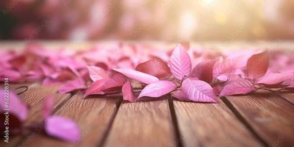 Wooden floor and blurred pink flower background copy space. AI Generated, Wooden floor and blurred pink flower background copy space. AI Generated,