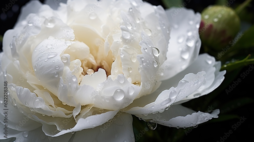 White Peony flowers with water drops background. Closeup of blossom with glistening droplets. Generative AI White Peony flowers with water drops background. Closeup of blossom with glistening droplets. Generative AI