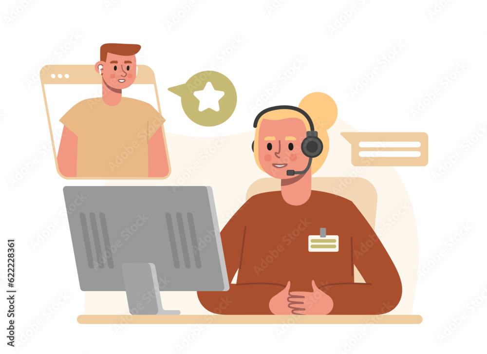 Cartoon character with headset answer calls, communicate in messenger, collect reviews and ratings. Online support, help desk. Woman talking with male online. Flat vector illustration Cartoon character with headset answer calls, communicate in messenger, collect reviews and ratings. Online support, help desk. Woman talking with male online. Flat vector illustration